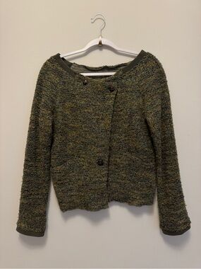 VTG Free People Olive Green Bouclé Button-Front Women’s Cardigan | Medium